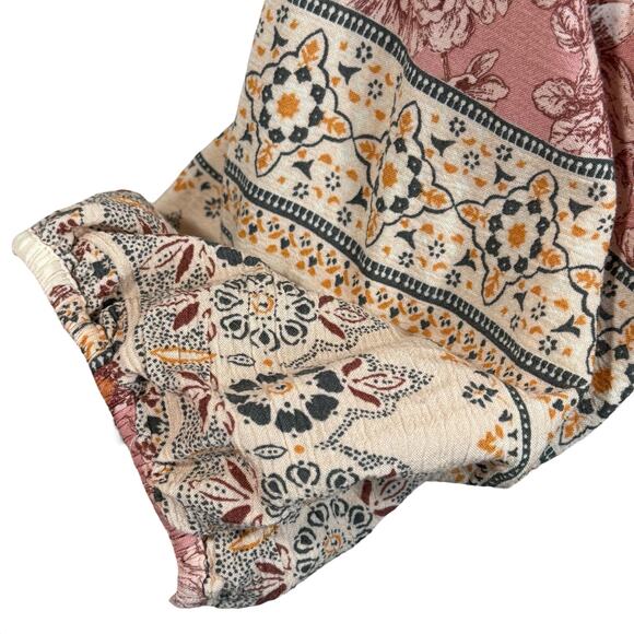 American Eagle Medium Boho Top Embroidered Tassel Long Sleeve Keyhole Pink Multi - Picture 3 of 11